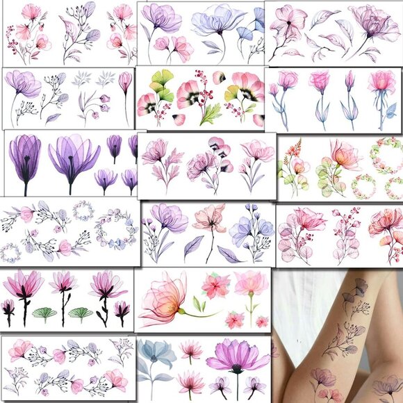16 Sheets X-Ray Flower Temporary Tattoos for Women, Xray Watercolor Rose Lily Fl - Picture 2 of 7